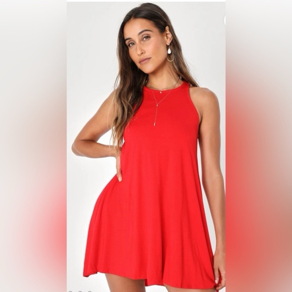 Lulus red trapeze sleeveless mini dress keyhole back detail stretchy pockets